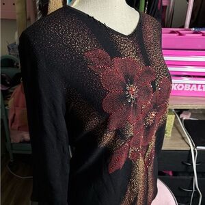 Black Sweater with Red Floral Design